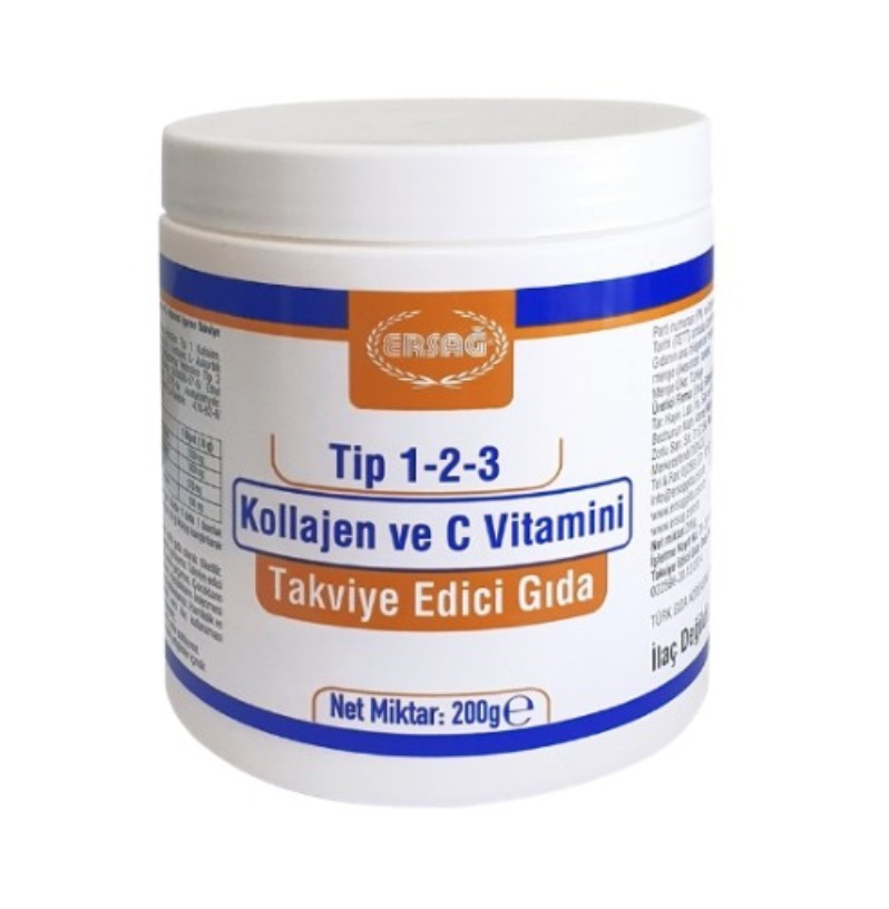 Art: 3083  Ersag ECO KOLLAGEN TYP 1 - 2 - 3 UND VITAMIN C Straffe Haut, Starke Nägel und Haare,Unterstützung von Gelenken und Knochen 200 gr